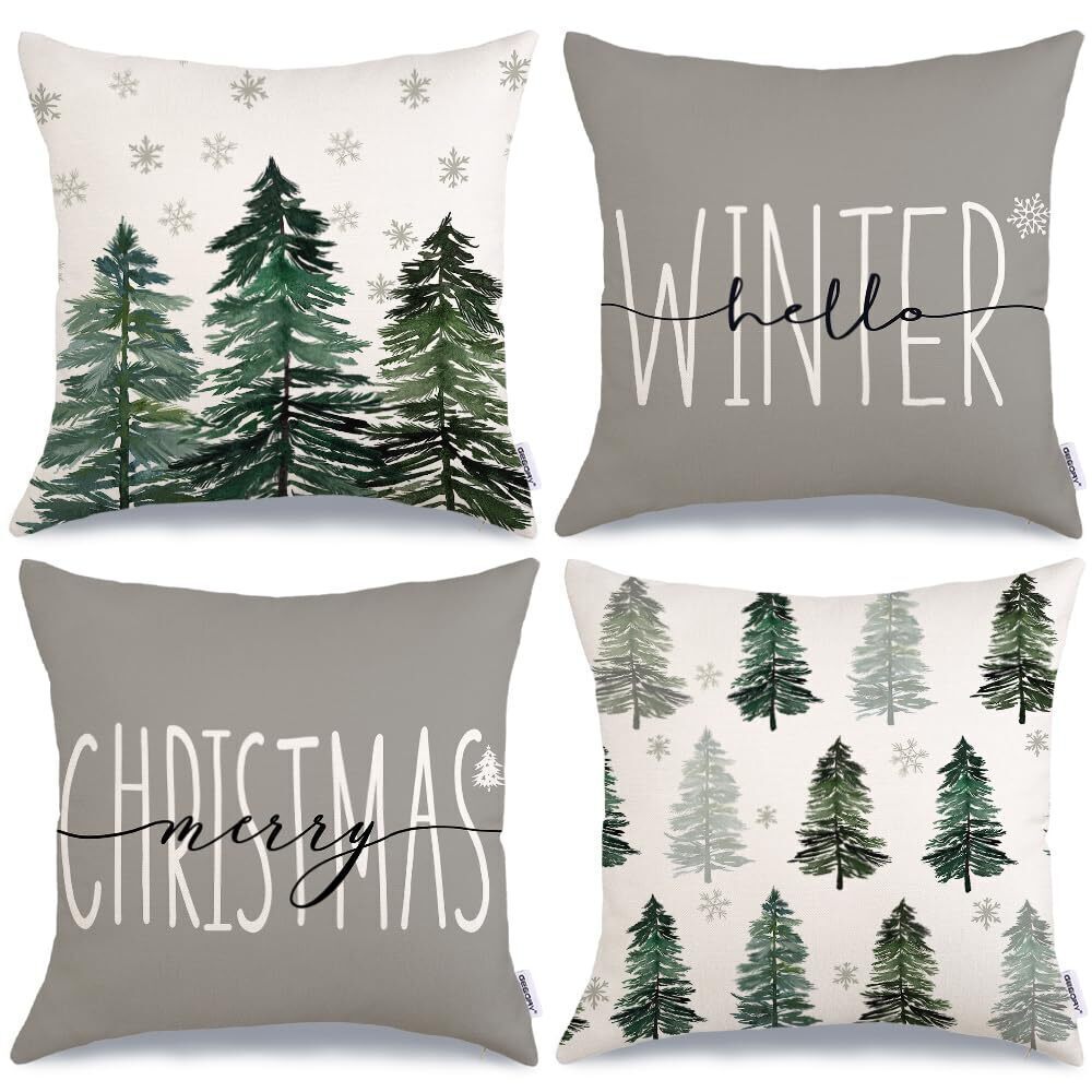 1553 Christmas Pillow Covers 18 x 18 Inch Set of 4, Grey Merry Xmas Tree